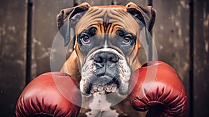 A commanding portrait of a stern Boxer dog, wearing boxing