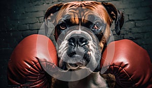 A commanding portrait of a stern Boxer dog, wearing boxing