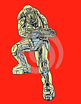 Commando in armor suit with large rifle. Vector illustration.