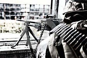 Commando machine gunner soldier firing from window