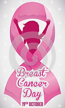 Victorious Woman in a Pink Ribbon for Breast Cancer Day, Vector Illustration