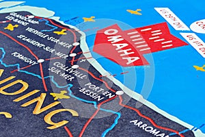 Commemorative and explanatory map of the battle of the Normandy landings in the Second World War. Omaha Beach, French Normandy