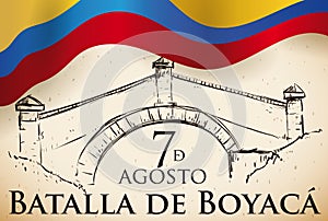 Commemorative Hand Drawn Boyaca Bridge over Scroll and Colombian Flag, Vector Illustration photo