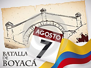 Commemorative Hand Drawn Boyaca`s Bridge Landmark, Calendar and Colombian Flag, Vector Illustration photo