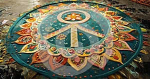 Commemorative sand mandala with peace symbol for Nuclear Test Ban Day. International Day Against Nuclear Tests, August