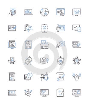Commencing operations line icons collection. Begin, Launch, Start, Initiate, Kickoff, Embark, Commence vector and linear