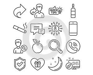 Comment, Smartphone and Education idea icons. Smoking, Romantic gift and Search people signs. Vector