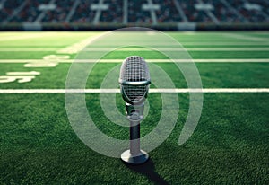 A commentator\'s microphone on a green footbal field. The idea of sport podcasting.