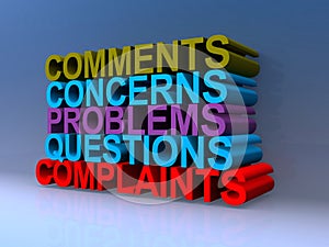 Comments concerns problems questions complaints on blue photo
