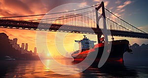 Commerce and Industry Cargo Ship Under a Busy Bridge