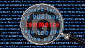 Commerce lettering in a magnifying glass in front of a black screen filled with keywords from the business world