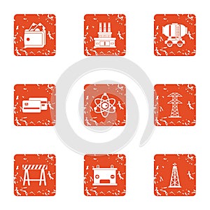 Commerce manufacturing icons set, grunge style