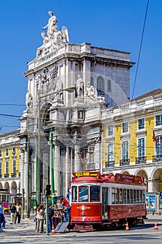 Lisbon, Portugal: Vintage tram used by Carris for tourist or tourism tours in Praca do Comercio