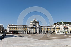 Commerce Square in Lisbon with statue and landmarks