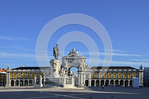 Commerce square Praca do Comercio with Rua Augusta Arch and statue of King Jose I in Lisbon, Portugal