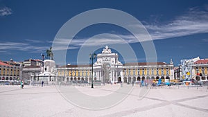 Commerce Square with Statue of King Jose I in downtown Lisbon (Portugal), close to the Tagus River timelapse