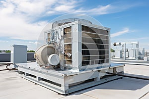 Commercial air conditioning outer fan, commercial HVAC system installed on a rooftop