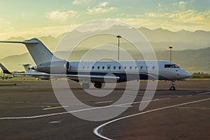 Commercial aircraft at dawn. A passenger plane after landing