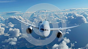 Commercial aircraft mid-flight among clouds, clear blue sky. Modern air travel, jetliner high in the sky. Front view of
