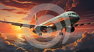 Commercial Aircraft Soaring Over Misty Skies Sunset Oil Painting The Horizon on Blurry Background