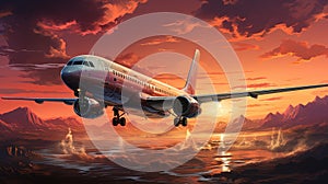 Commercial Aircraft Soaring Over Misty Skies Sunset Oil Painting The Horizon on Blurry Background