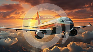 Commercial Aircraft Soaring Over Misty Skies Sunset Oil Painting The Horizon on Blurry Background