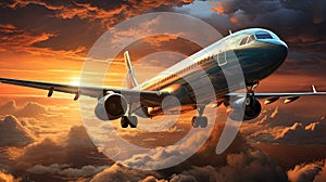 Commercial Aircraft Soaring Over Misty Skies Sunset Oil Painting The Horizon on Blurry Background