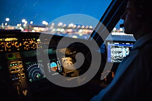 Airplane flight cockpit during takeoff