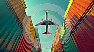 Commercial airliner ascending between colorful shipping containers. Travel, logistics concept in vibrant tones