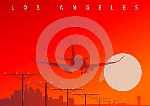 A commercial airliner landing at Los Angeles airport during the sunset. Original vector illustration, not derivative