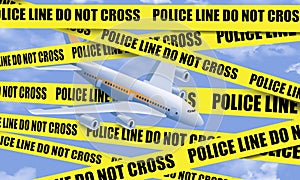 A commercial airliner is seen flying through and opening in police crime scene tape in this 3-d illustration about air crimes