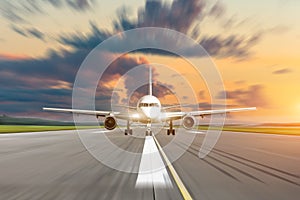 Commercial airplane accelerates on runway airport at sunset at a speed motion blur.