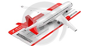 Commercial airplane, airliner with air flight tickets . Passenger plane with a red tail wing, take Off. 3D rendering