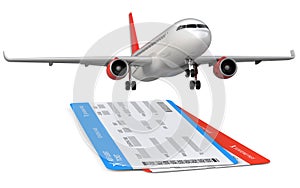 Commercial airplane, airliner with two airline, air flight tickets . Passenger plane take Off, 3d render on