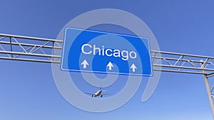 Commercial airplane arriving to Chicago airport. Travelling to United States conceptual 3D rendering