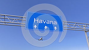 Commercial airplane arriving to Havana airport. Travelling to Cuba conceptual 3D rendering