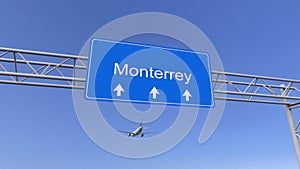 Commercial airplane arriving to Monterrey airport. Travelling to Mexico conceptual 3D rendering