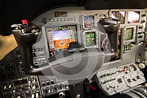 Commercial airplane cockpit interior view