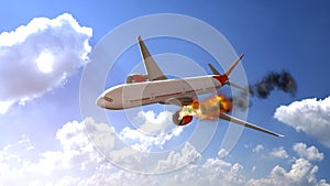 Commercial airplane with engine on fire, concept of aerial disaster. 3D illustration