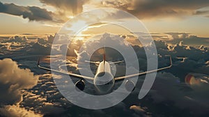 Commercial airplane flying above the clouds at sunset, Generative AI illustrations