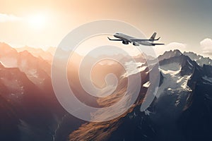 Commercial airplane flying above scenic landscape in beautiful sunset light. Traveling concept design banner. AI generated