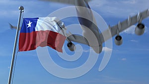 Commercial airplane flying above waving flag of Chile. 3D rendering