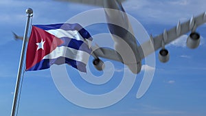 Commercial airplane flying above waving flag of Cuba. 3D rendering
