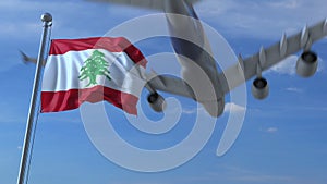 Commercial airplane flying above waving flag of Lebanon. 3D rendering