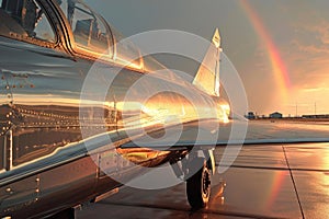 A commercial airplane flying through the sky with a vibrant rainbow in the background, A rainbow reflecting off the sleek body of