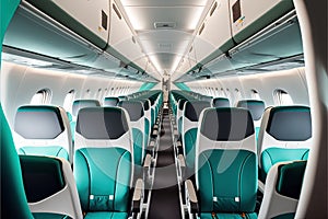 Commercial airplane interior with seats in a row. Generative Ai
