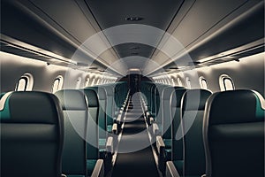 Commercial airplane interior with seats in a row. Generative Ai