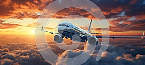 Commercial airplane jetliner flying above dramatic clouds in beautiful sunset lightTravel concept.