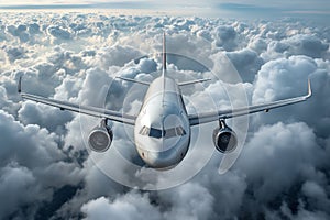 Commercial airplane jetliner flying above dramatic clouds. The image is generated with the use of an AI.