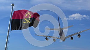 Commercial airplane landing behind waving Angolan flag. Travel to Angola conceptual 3D rendering
